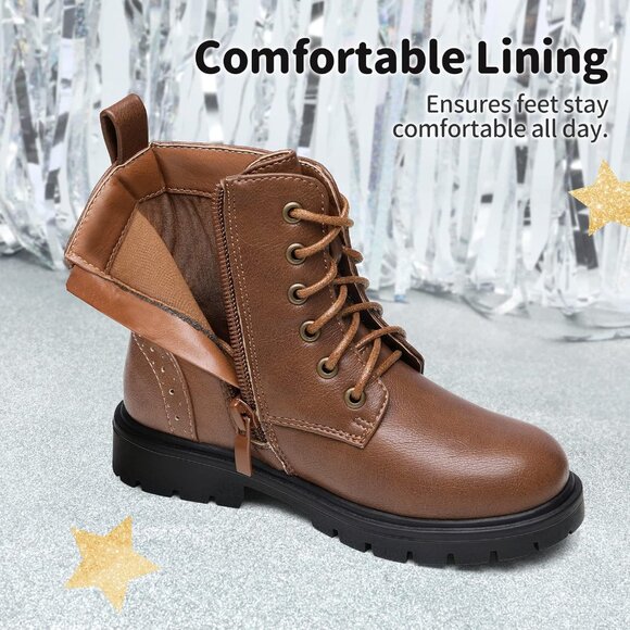 Dream Pairs Boys Girls Brown Side Zipper Combat Thermoplastic Elastomers Boots - Picture 3 of 6